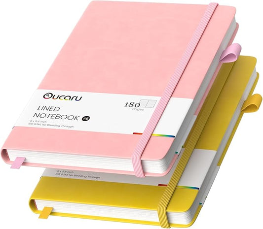 Oucaru Lined Journal Notebook, 2 Pack, 180 Pages, A5 Journals for Writing, 100 GSM Thick Paper, Small Notebooks Daily Journal for Women Men Work, Business, School, Travel Supplies