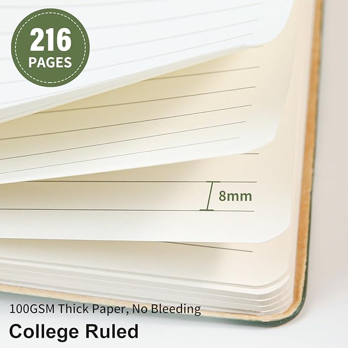 Lined Journal Notebook for Work College Ruled Note Book 5.79"x8.27"A5 PU Leather Daily Journaling 216 Pages for Women Men Writing Home School Supplies Business (Dark Green)