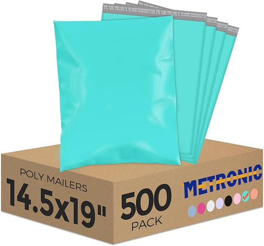 Metronic 500PC Poly Mailers 14.5x19, Sturdy Shipping Bags for Small Business, Waterproof Mailers Poly Bags, Strong Adhesive Shipping Envelopes for Clothing, Efficient Mailing Envelopes in Teal