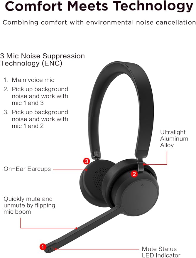 Lenovo Wireless Stereo Headset, Noise Cancelling Mic, Bluetooth 5.3 Multipoint, 31-Hour Talk & 60-Hour Playback, Lightweight 138g, Replaceable Earcups Over-Ear Comfort, Gaming, Office, & PC Use