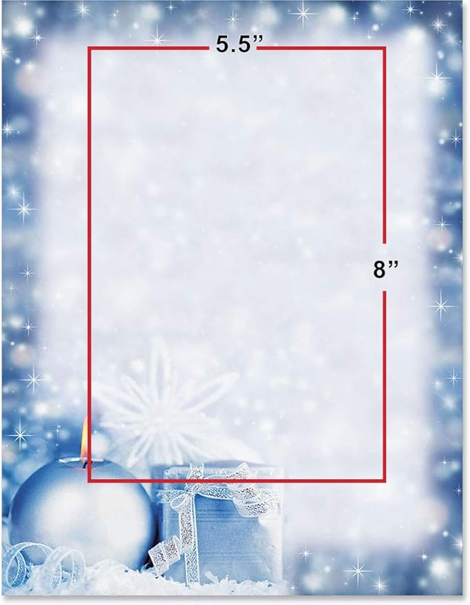 PaperDirect Snowy Candlelit Christmas Papers, Holiday Stationery with Blue Sparkling Border, Candle, Gift and Snowflakes, 8.5 x 11, Acid-Free, Ideal for Letters, Flyers, Cards, 25 Sheets