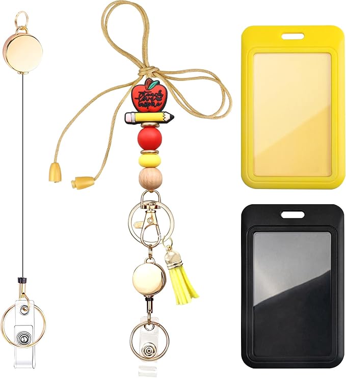 Colorful ID Badge Holder with Silicone Beads Lanyard Set,Cute Teacher Breakaway Lanyard for Keys & Keychain with Cute Retractable Badge Reel Holder,Gift for Women,Nurse, Teacher. (B)