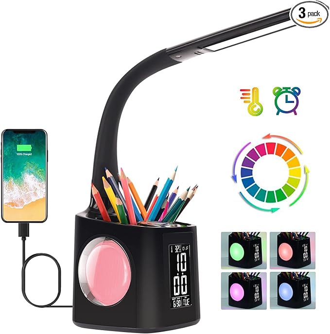 LED Desk Lamp with Clock,Color Changing Nightlight,Study Lamp with Pen Holder,Desk Light with USB Charger,Table Light for Home,Office,Gift for Kids,Students,Women,Black