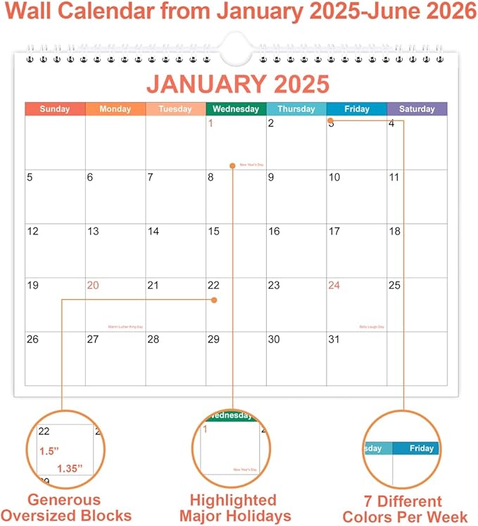 Calendar 2025, Wall Calendar 2025-2026 from January 2025 - June 2026, 18 Months Calendar with Premium Paper, Twin-Wire Binding & Hanging Hook, 8.5" x 11", Colorful