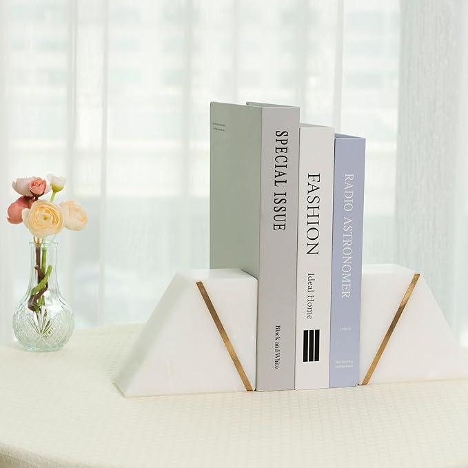 Natural Marble Bookends for Shelves, Decorative Book Ends for Heavy Books, Heavy Duty Mid Century Modern White and Gold Stone Book Holders with Brass Inlay, Unique Bookshelf Stopper Decor, Set of 2