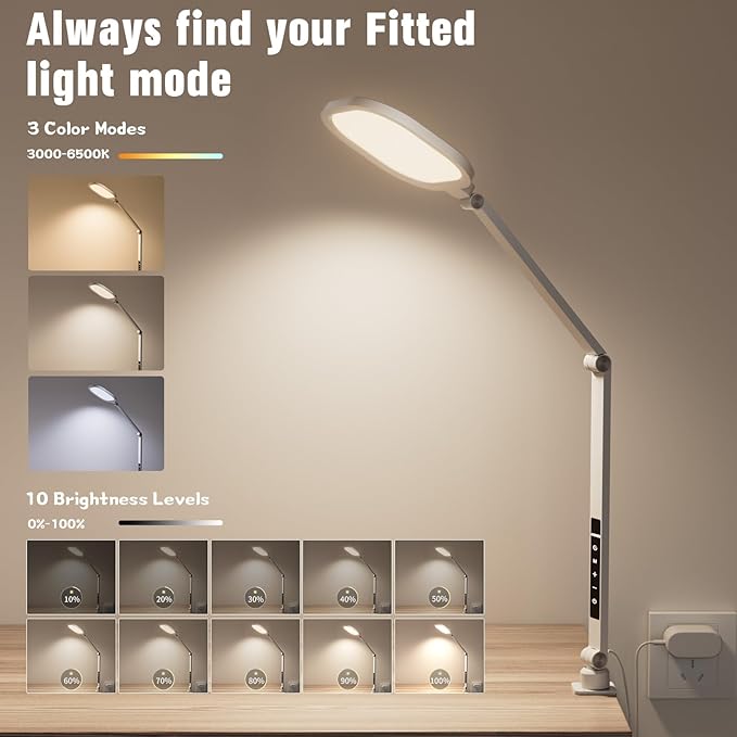 LED Desk Lamp for Home Office, 15W Desk Light with C- Clamp, Swing Arm, Memory & Timer Function, 1200LM Dimmable Computer Light for Video Calls, Conference, Study (White-Clamp)
