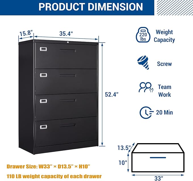 Lateral File Cabinet with Lock, 4 Drawer Large Metal Filing Cabinet,Home Office Lockable Storage Cabinet for Hanging Files Letter/Legal/F4/A4 Size-Assembly Required