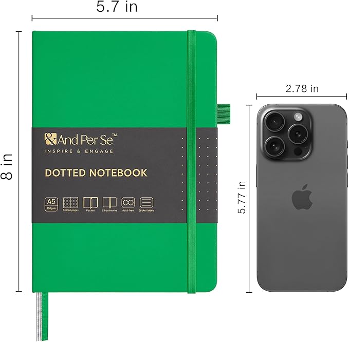 &And Per Se Dotted Journal Notebook, A5 Hardcover Bullet Dotted Journal, 160 Pages 100 gsm Thick Paper, 3 Sheets of Stickers Included - 5.7'' x 8''（Emerald）