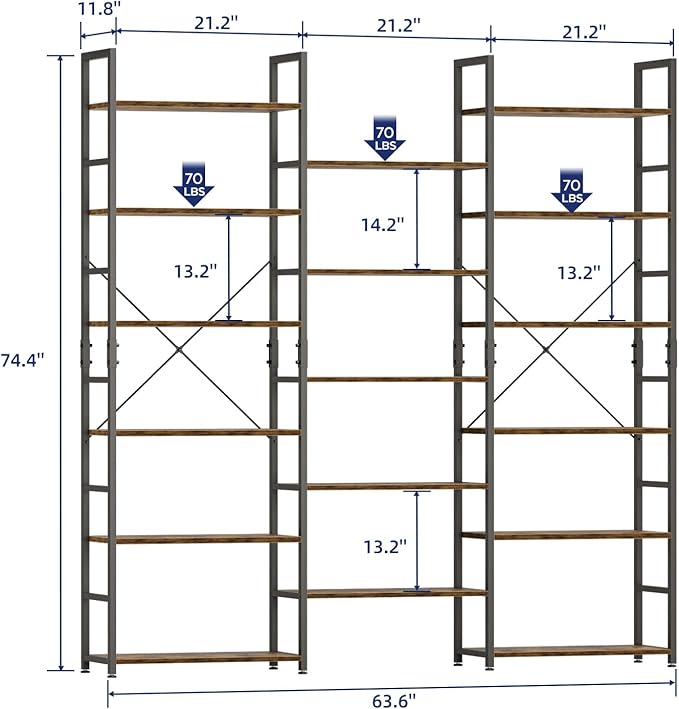 NUMENN Triple Column 6 Tier Bookshelf, Bookcase with 17 Open Display Shelves, Adjustable Rustic Industrial Style Book Shelves, Modern Bookshelves for Bedroom, Living Room and Home Office, Vintage