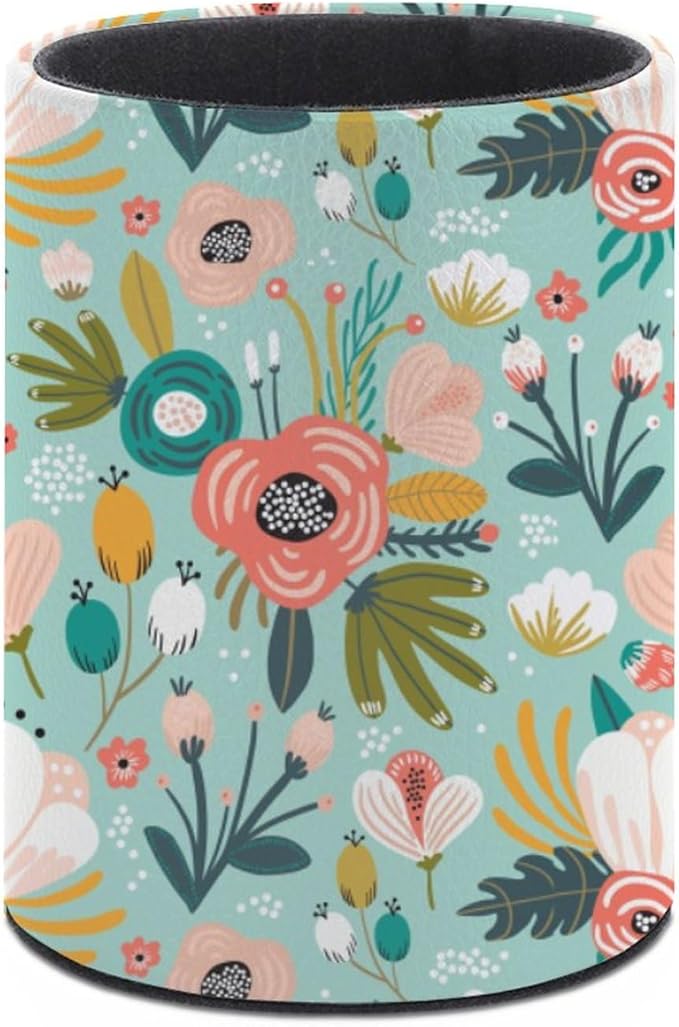 Mint Flowers Pen Holder Pencil Organizer Cute Pencil Cup Desk Decor Makeup Brush Holder PU Multifunctional Office Suppliesfor Home Classroom School