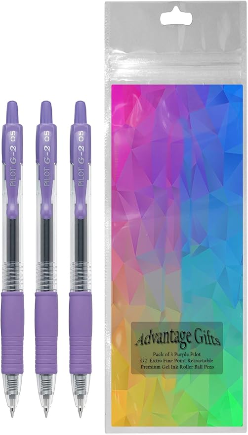 G2 Retractable Premium Gel Ink Roller Ball Pens Extra Fine Point (.5mm) Purple Ink 3 pack; Refillable & Premium Comfort Grip Bundle with Plastic Reusable Pouch