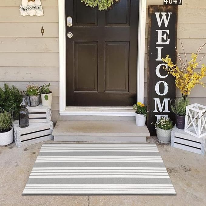 OJIA Christmas Front Door Mat Outdoor 24"x35" Front Door Rug Gray and White Striped Outdoor Rugs Washable Entry Rug Indoor Door Mats Cotton Woven Small Area Rugs for Entrance/Porch/Kitchen/Entryway