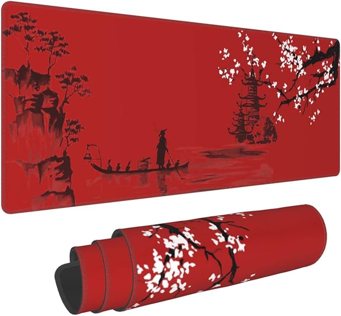 Large Red Mouse Pad XL Japan Cherry Blossom Extended Anime Gaming Mice Pad Long Keyboard Desk Mat with Non-Slip Rubber Base for Office Laptop Computer 31.5'' X 12''