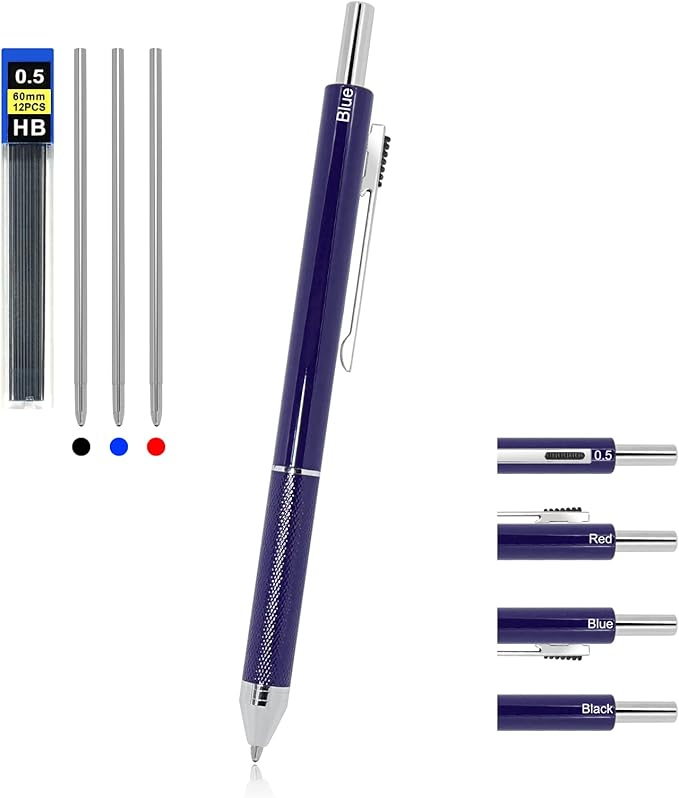 YOUMI Multicolor pen 4 in 1 Multifunction Pen with Metal Cased 0.5mm Mechanical Pencil Red Ballpoint Pen Blue BallpointPen and Black Ballpoint Pen Gift for Journaling (Blue)