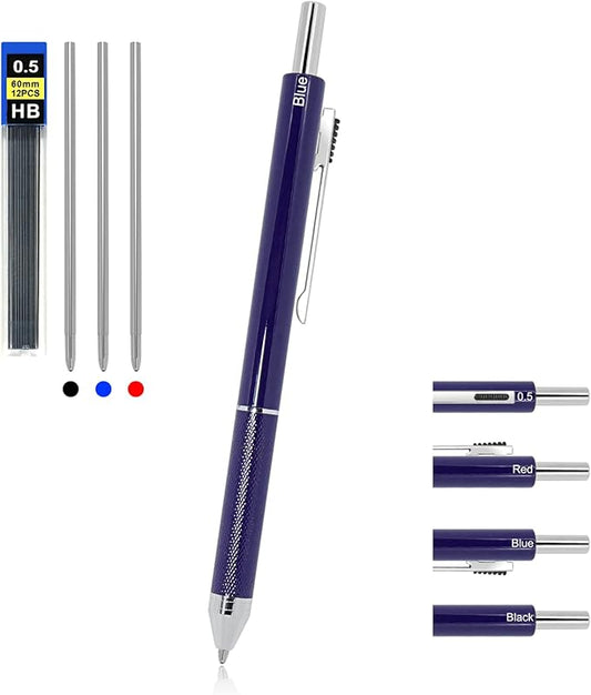 YOUMI Multicolor pen 4 in 1 Multifunction Pen with Metal Cased 0.5mm Mechanical Pencil Red Ballpoint Pen Blue BallpointPen and Black Ballpoint Pen Gift for Journaling (Blue)
