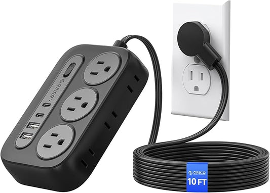 ORICO Surge Protector Power Strip, Multiple Outlets Extension Cord with 6 AC Outlets 2 USB-A and 2 USB-C Ports, 10 ft Long Flat Plug Power Strip, Mountable Outlet Extender for Dorm/Office/Home- OG
