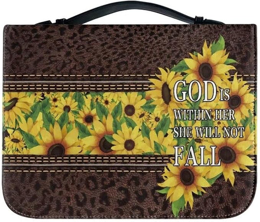 Lotusorchid PU Leather Bible Bag for Women with Inspiring Bible Verses, Sunflower Leopard Print Bible Cover Women Girls, Sturdy Bible Book Carrying Bags Christian Bible Study Accessories, L