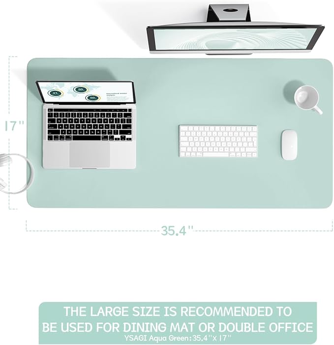 YSAGi Non-Slip Leather Desk Pad L Size, Waterproof Laptop Computer Desk Keyboard Mat, Table Protector Blotter Mat, Large Mouse Pad for Office/Work/Home/Decor(Mint Green, 35.4" x 17")