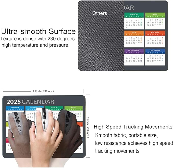 Mouse Pad, Premium-Textured Mouse Mat, Non-Slip Rubber Base Mousepad for Laptop, Computer & PC,9.5×7.9 in,2025 Calendar