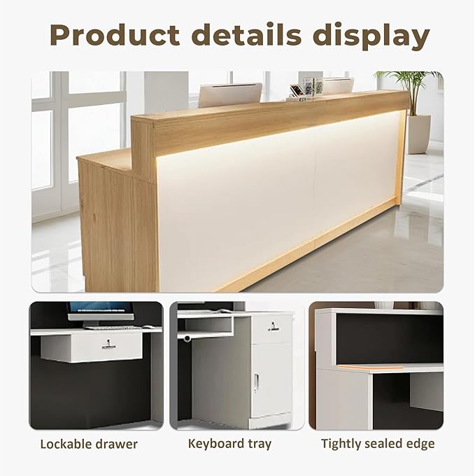 Modern Reception Desk Front Desk with LED Strip Lighting, Lockable Drawers, and Versatile Storage for Office, Checkout (Wood Color/Regular Type, 55.12" L*23.62" W*39.37" H)