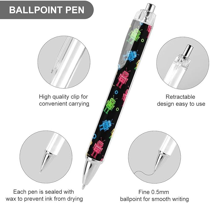 Cute Ballpoint Pens for Men Women, Colorful Robot Pattern Black Writing Pens Retractable Refillable Ink Pen for Home Office Stationary, 0.5mm, 2 Pcs
