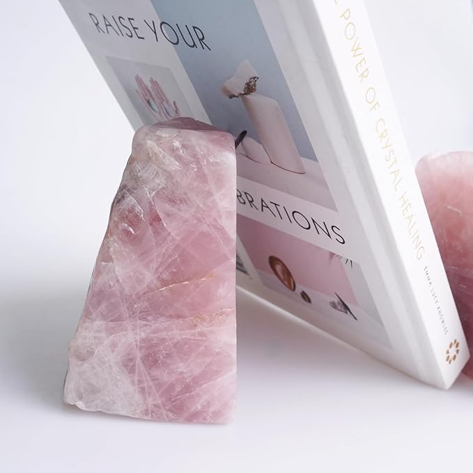 Natural Rose Quartz Bookends with Rubber Feet 4-5Lbs Heavy Duty Non-Slip Crystal Bookends 1 Pair | Raw & Polished Stone | Healing Office Decor Gift