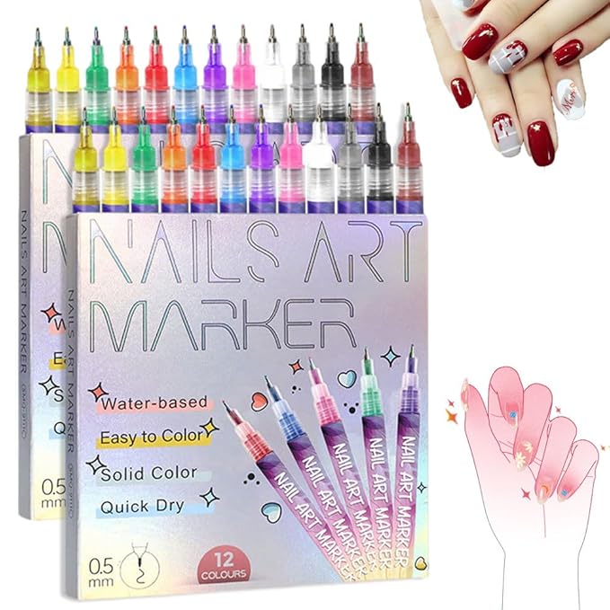 Nail Art Pens Set 12 Colors Nail Art Markers for Kids Adults,2025 Quickly Dry Nail Polish Pens Drawing Painting Pen,Nail Art Nail DIY Decoration for Home Salon (24 Color)