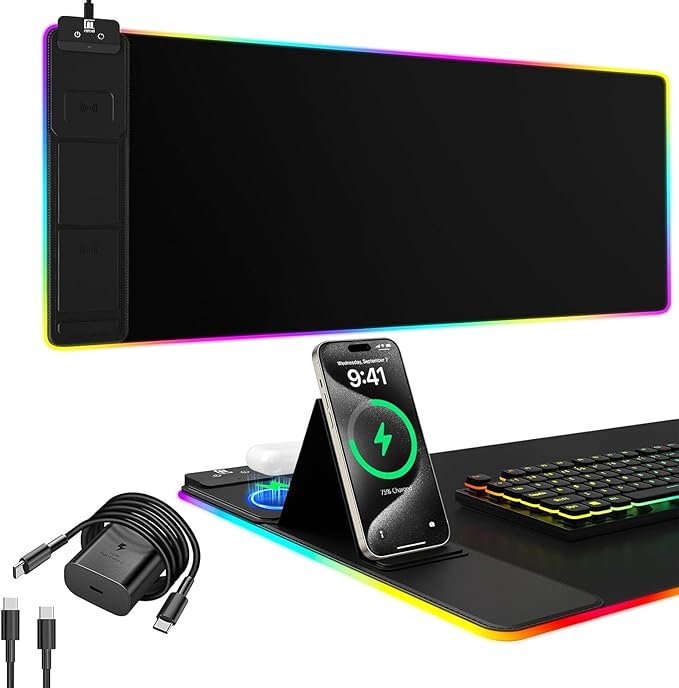 Mouse Pad with Phone Holder, Wireless Charging Desk Mat, RGB Gaming Mousepad Home Office Large Desk Pad with Ultra-Smooth Surface, Non-Slip Base, Waterproof Keyboard Pad,Black with 20W USB C Charger