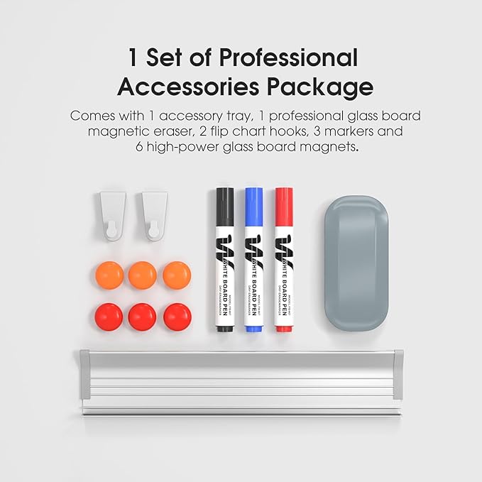 MaxGear Glass White Boards 48x30 Inches, Wall Mounted Magnetic Glass Dry Erase Board, Large Frameless Whiteboard with 1 Eraser,3 Markers and 6 Magnets for Office, School, Home