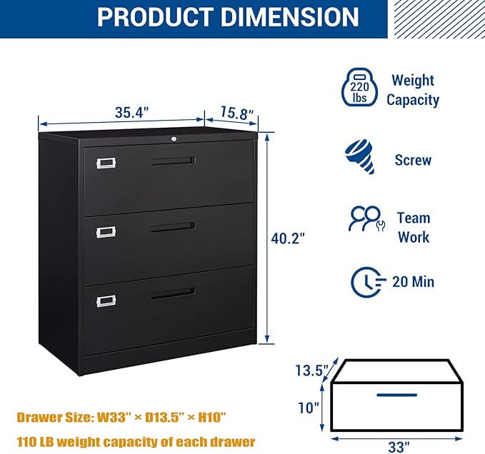 Lateral File Cabinet with Lock, 3 Drawer Large Metal Filing Cabinet,Home Office Lockable Storage Cabinet for Hanging Files Letter/Legal/F4/A4 Size-Assembly Required