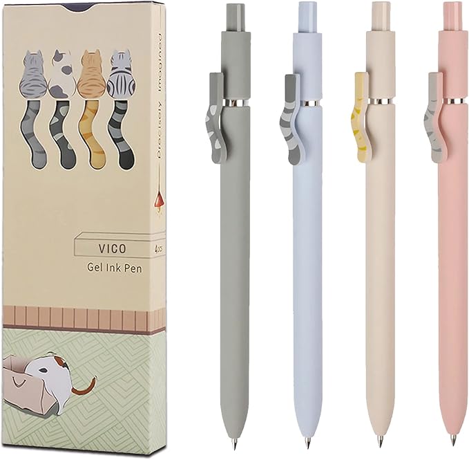 VICO Cute Cat Gel Pens – 4 Pack 0.5mm Fine Point Black Ink, Smooth Quick-Dry Writing Pens for School, Office & Study – Kawaii Aesthetic Stationery Gift