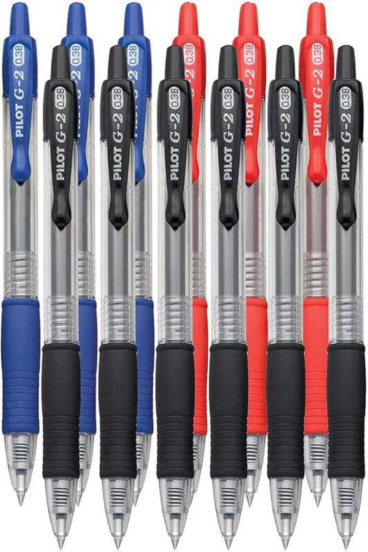 G2 Retractable Premium Gel Ink Roller Ball Pens Fine Point Fine Point (.7mm) Black/Blue/Red Ink 12-pk; Refillable & Premium Comfort Grip Bundle with Plastic Reusable Pouch