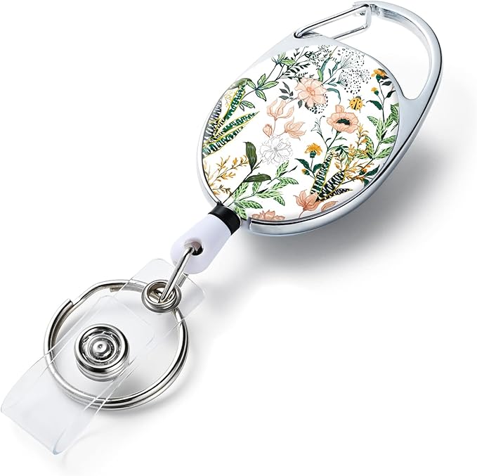 Badge Reels Retractable，Double Sided Color Print Pattern Retractable Badge Holders，with Retractable Keychain, Badge Clip and Key Ring，Durable Nylon Retractable Rope，White Flower