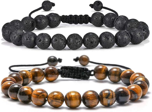M MOOHAM Natural Stone Bracelets for Men - 8mm Tiger Eye | Matte Agate | Lava Rock Bracelets for Men Teen Boys Gifts Birthday Anniversary Christmas Gifts for Men Teens
