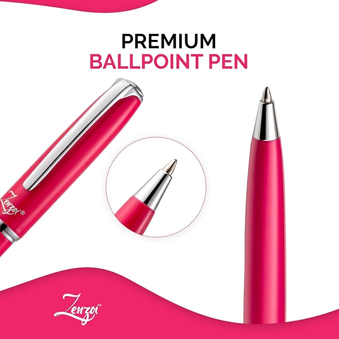 ZenZoi Pink Ballpoint Pen – Refillable, Luxury Pen for Women, Men. Smooth Writing Premium Schmidt Ink Refills. Fancy, High End Pen Gift Set. Retractable, Professional, Journaling pen
