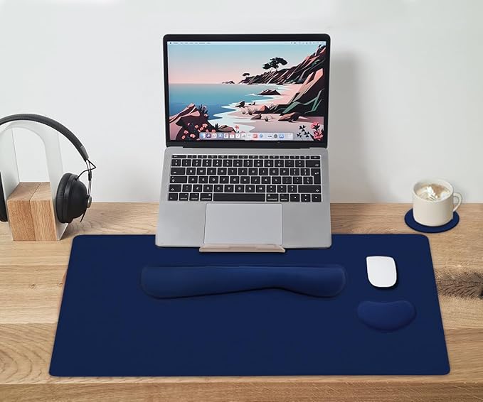Large Keyboard Mouse Pad Set, Extended Mouse Pad+Keyboard Wrist Rest Support, Memory Foam Ergonomic Easy Typing, 4Pcs (35.4×15.13 in) Desk Pad Set for Home Office Study Game - Dark Blue