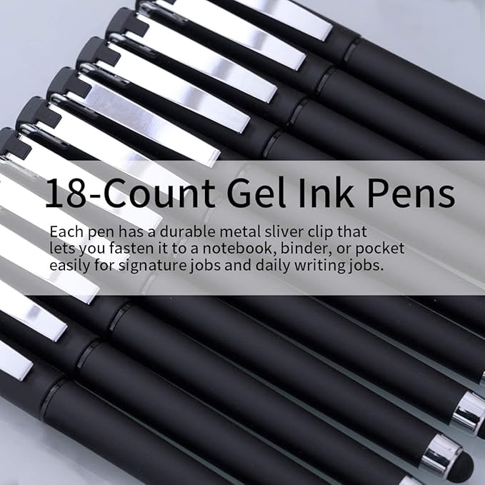 MiSiBao 0.5mm Black Ink Gel Ink Rollerball Pens 2 in 1 Medium Point Pens with Stylus Work Pen Smooth Writing for Office (Black Ink 18-pack 0.5mm Black)