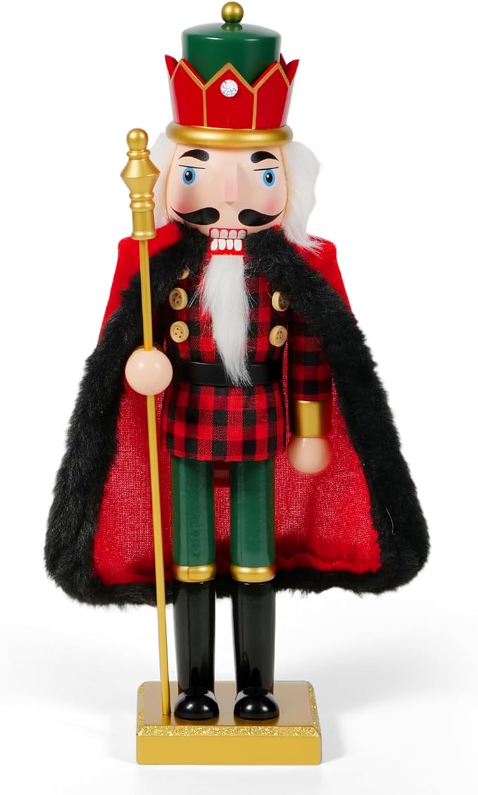 Nutcracker Christmas Decor, Wooden Nutcracker Soldier Christmas Decoration Home Mantle Table Fireplace Christmas Ornaments for Festival Party(14" RedBlack Fur Coat Staff Nutcracker)