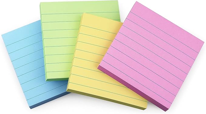 Lined Sticky Notes 3x3 Sticky Notes with Lines Self-Stick Notes Bright Color 4 Pads 90 Sheets/Pad (Pastel)