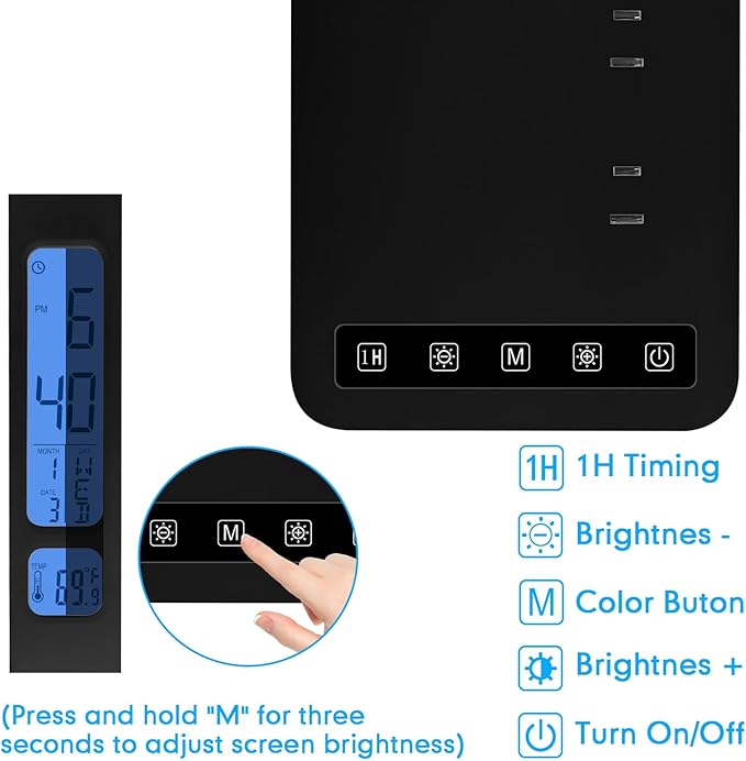Smart Desk Lamp with Dual USB Charging (Type-C/USB-A) & 2 AC Outlets, Digital Clock, Temperature Display, 5 Color Modes, 5 Brightness, Adjustable - for Office, Bedroom, Dorm Room, Study