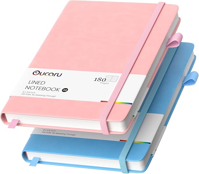Lined Journal Notebook, 2 Pack, 180 Pages, A5 Journals for Writing, 100 GSM Thick Paper, Small Notebooks Daily Journal for Women Men Work, Business, School, Travel Supplies