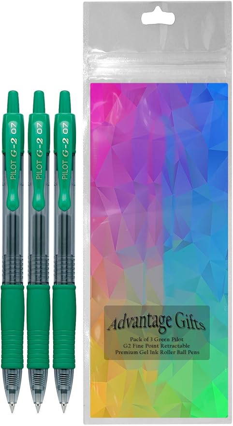 G2 Retractable Premium Gel Ink Roller Ball Pens Fine Point Fine Point (.7mm) Green Ink 3-pk; Refillable & Premium Comfort Grip Bundle with Plastic Reusable Pouch