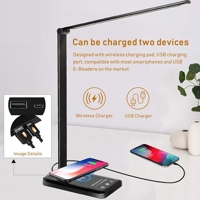 LED Desk Lamp with Wireless Charger, USB Charging Port, Dimmable Eye-Caring Desk Light with 5 Brightness Levels & 5 Lighting Modes, Touch Control, Auto Timer (Black)