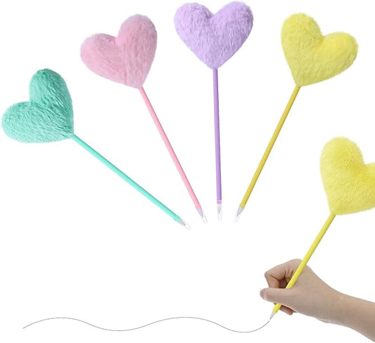 4 Pcs Pom Pom Ballpoint Pen, Cute Heart Shape Puffy Pens Fluffy Pen for Girls Women, Colorful Fluffy Ballpoint Pens for School, Office, Classroom Supplies