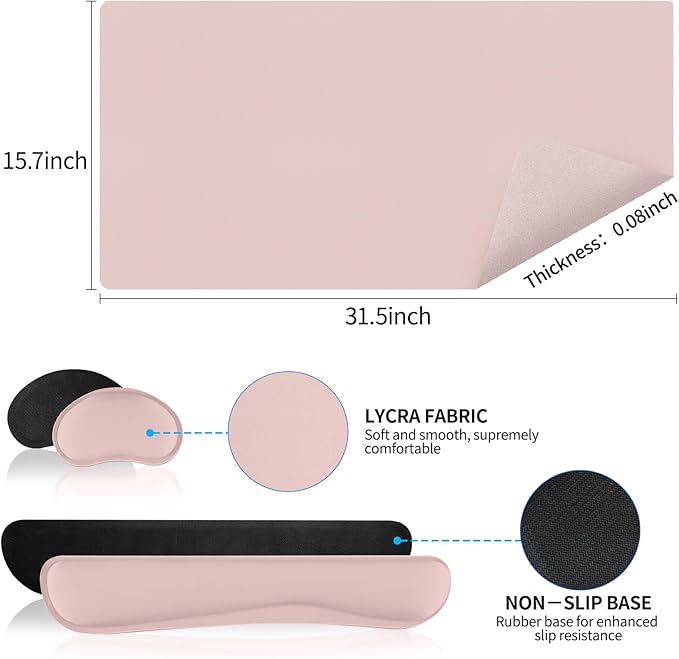 Mouse Pad and Keyboard Wrist Rest, Large Keyboard and Mouse Pad Set, Ergonomic Mousepad with Wrist Rest, Non-Slip Desk Mat Protector for Office, Home (31.5×15.7 Inches, Pink)