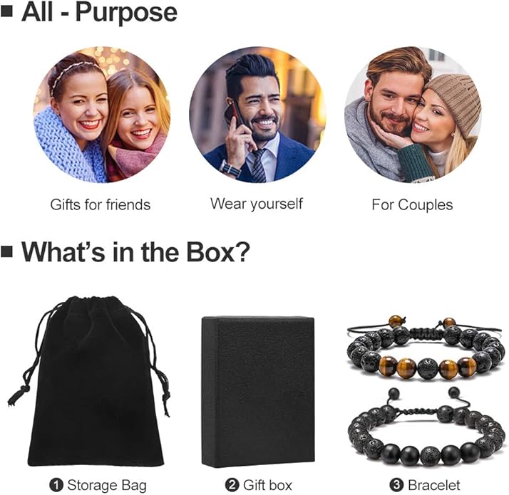 M MOOHAM Natural Stone Bracelets for Men - 8mm Tiger Eye | Matte Agate | Lava Rock Bracelets for Men Teen Boys Gifts Birthday Anniversary Christmas Gifts for Men Teens