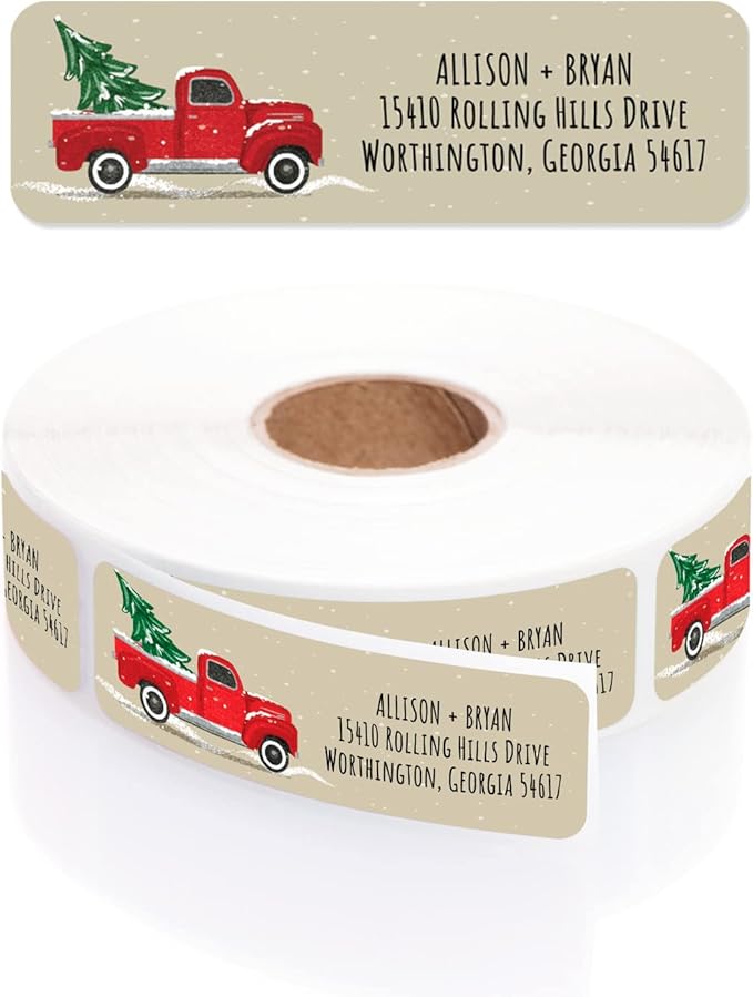 Red Holiday Truck Rolled Address Labels / 250 Personalized Return Address Labels/Designer Address Stickers in Elegant Plastic Dispenser