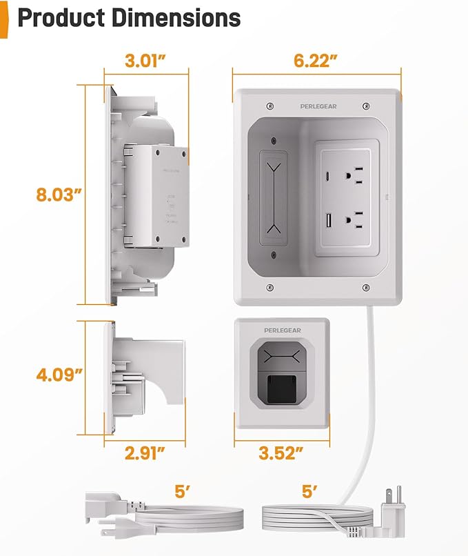 Perlegear Cord Hider for Wall Mount TV with AC Outlets, USB-A and USB-C Ports, in-Wall Cable Management Kit, Includes Drill Templates, Dust Bags, Drywall Saw, Extension Cord