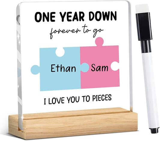 1 Year Anniversary Unique Gifts for Boyfriend Girlfriend,1 Year Anniversary Plaque Gifts for Couple Wipeable Acrylic Sign for Women Man Boyfriend and Girlfriend with Wood Stand 4 X 4 Inch