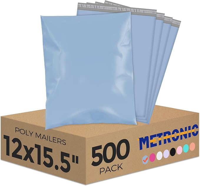 Metronic Poly Mailers 12X15.5 500Pack, Strong Adhesive Shipping Envelopes for Clothing, Waterproof Shipping Bags for Small Businesses, Flexible Mailers Poly Bags,Packages Bags Blue